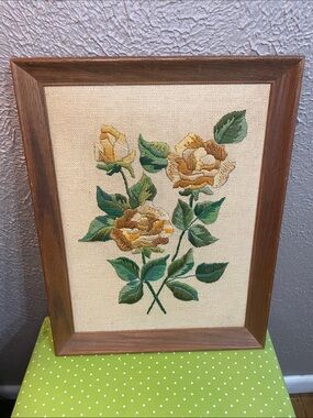 Framed Embroidered Yellow Rose Wall Art